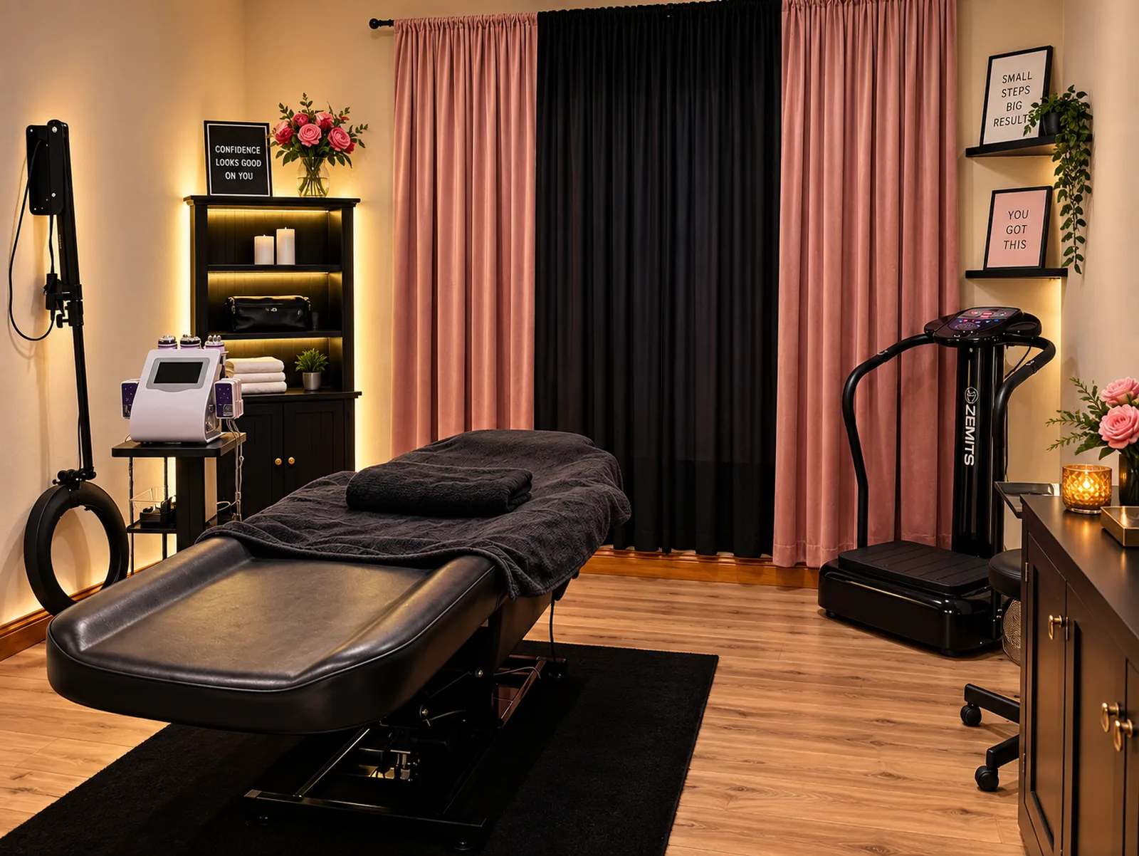The BAQ treatment room, with the treatment table in the foreground, a shelf of candles and towels, and curtains along the back wall.